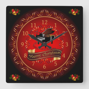 Horloge Carrée Piano ~ Joyeux Noël ~ Maroon & Noir ~