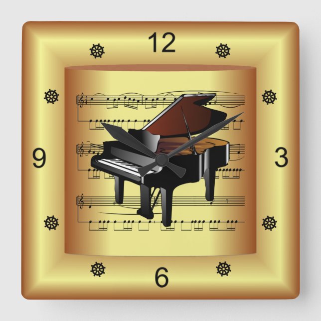 Horloge Carrée ~ Piano ~ Partition incurvée ~ Arrière - plan d'or (Recto)