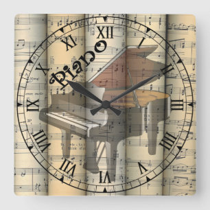 Horloge Carrée Piano transparent ~ Musique Vintage feuille roulée