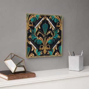 Horloge Carrée Pierre de Malachite Luxueuse Art Déco Floral Marbr