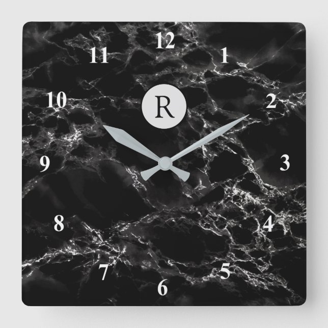 Horloge Carrée Pierre en marbre noir tendance - Ajouter une lettr (Recto)