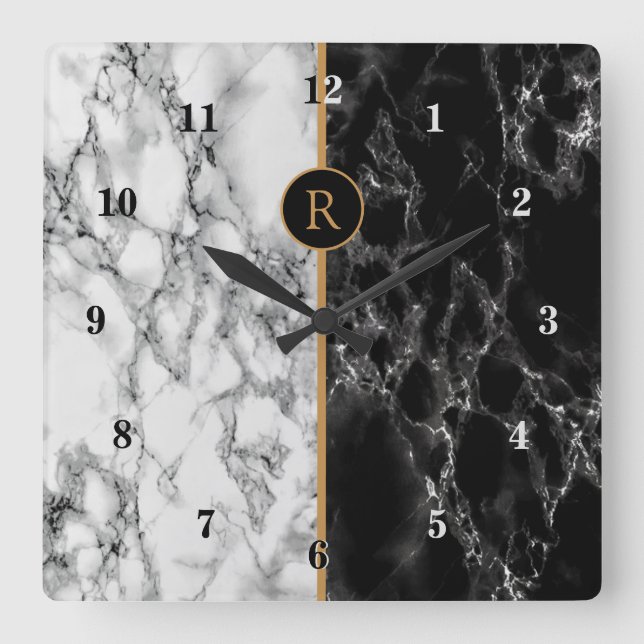 Horloge Carrée Pierre noire et Marbre blanc - Personnalisable - (Recto)