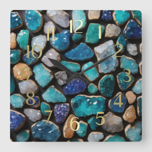 Horloge Carrée Pierres bleues découpées en or