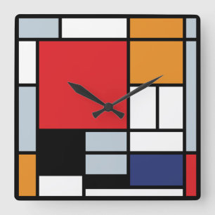 Horloge Carrée Piet Mondrian - Composition avec un grand plan rou