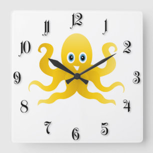 Horloge Carrée Pieuvre jaune amusante