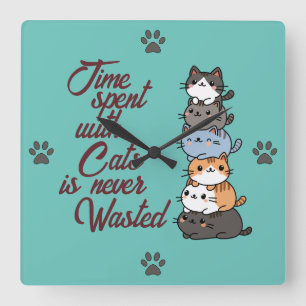Horloge Carrée Pile Mignon De Chats, Temps Passé Avec Les Chats