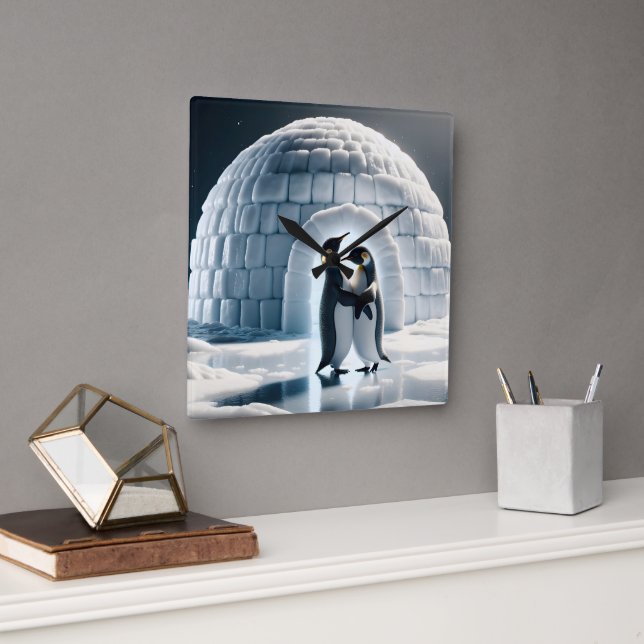 Horloge Carrée Pingouins Dansant Lente Par Igloo (Bureau)