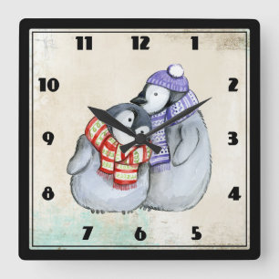 Horloge Carrée Pingouins mignons en hiver Écarts et Casquettes