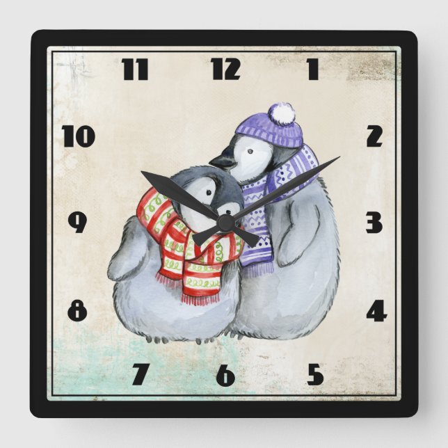 Horloge Carrée Pingouins mignons en hiver Écarts et Casquettes (Recto)
