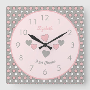Horloge Carrée Pink and gray with polka dots and name