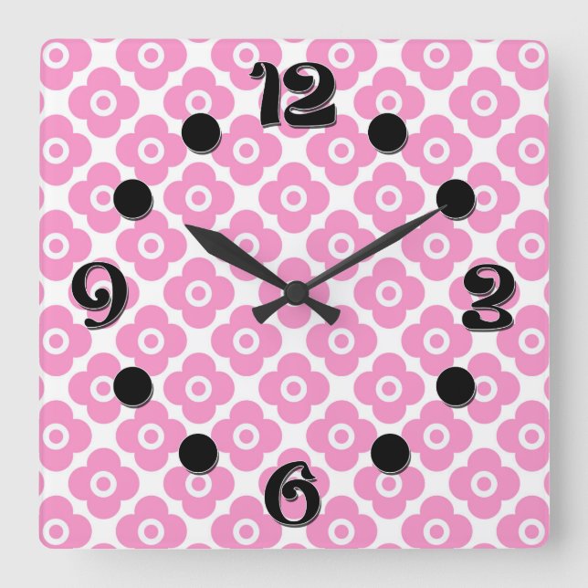 Horloge Carrée Pink and white simple floral pattern (Recto)