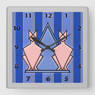 Horloge Carrée Pink art Deco Cats on Blue Striped
