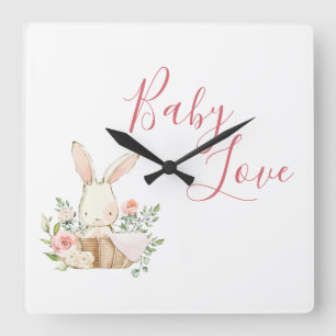 Horloge Carrée Pink Baby Love Script Woodland Forest Bunny Rabbit
