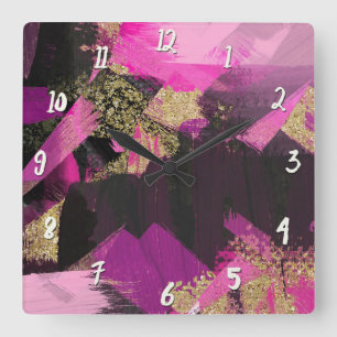Horloge Carrée Pink Black Gold Glitter Modern Brush Glam Grunge