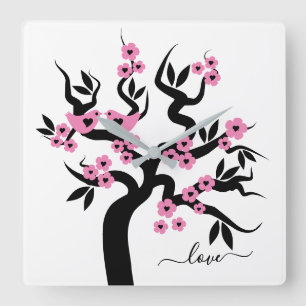 Horloge Carrée Pink, Black Love birds cherry tree & blossoms