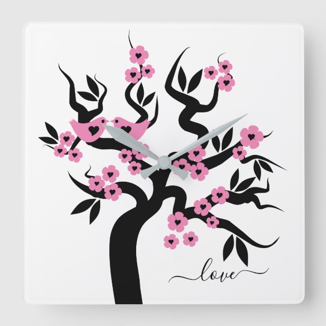 Horloge Carrée Pink, Black Love birds cherry tree & blossoms (Recto)
