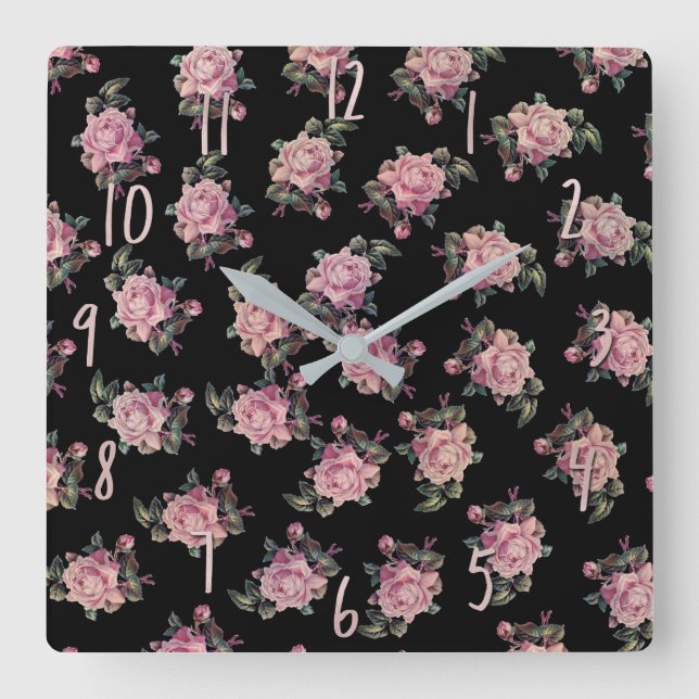Horloge Carrée Pink Roses Dark Floral Pattern Shabby Chic (Recto)