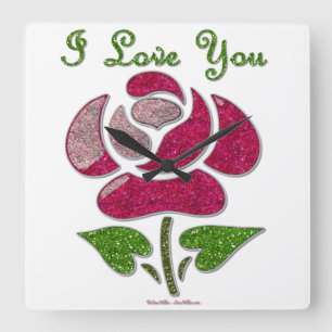 Horloge Carrée Pink Stencil Rose I Love You