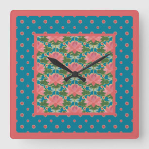 Horloge Carrée Pink Water Lilies Dragonflies Pendentif Mur Horlog