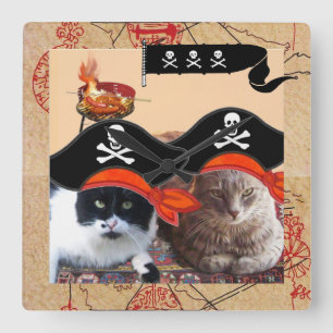 HORLOGE CARRÉE PIRATE CATS ANTIQUE PIRATES TREASURE MAPS AND FLAG