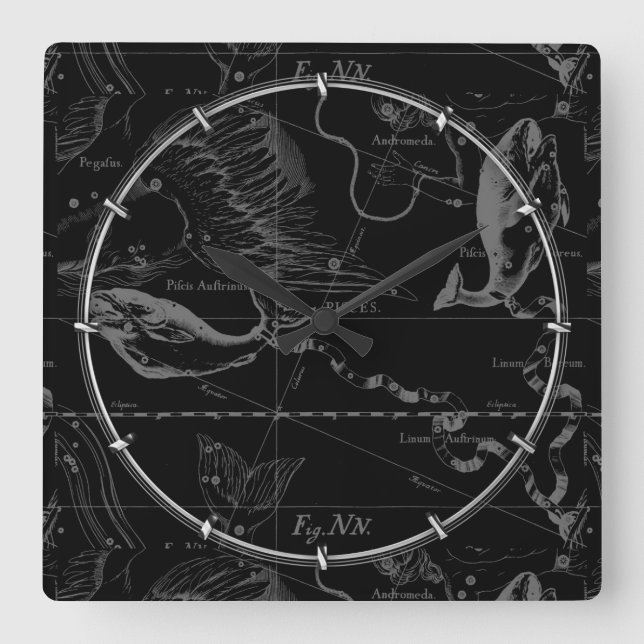 Horloge Carrée Pisces Constellation Carte Hevelius 1690 Engraving (Recto)