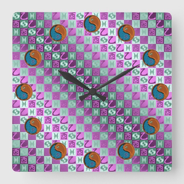 Horloge Carrée Pisces & Wood Rooster (Recto)