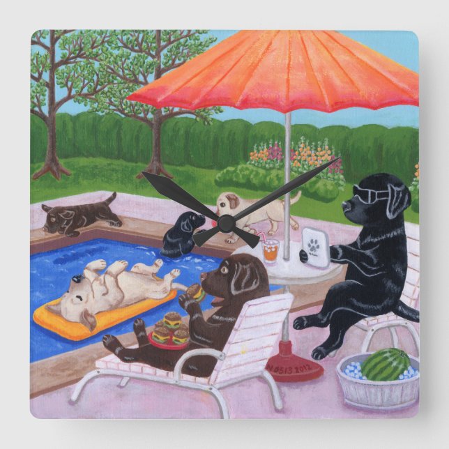 Horloge Carrée Piscine Party Labradors 2 Painting (Recto)