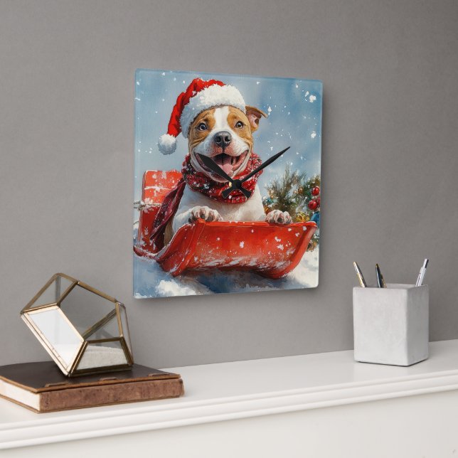 Horloge Carrée Pitbull Chien en Luge Laissez Tomber la Neige Noël (Bureau)