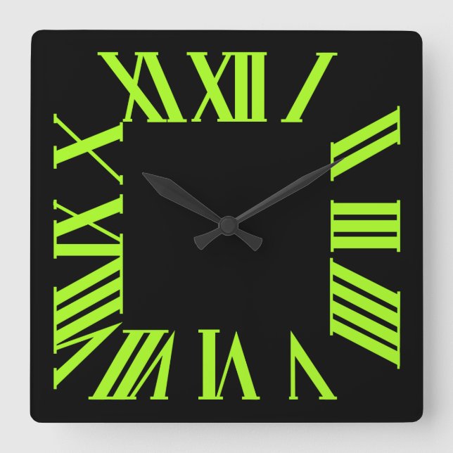 Horloge Carrée PixDezines Fluorescent Lime Vert Numéros Romains (Recto)