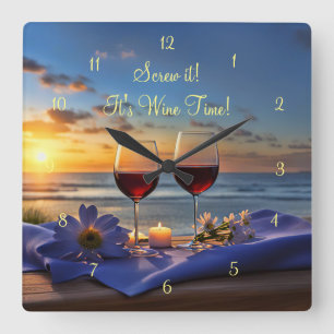Horloge Carrée Plage amusante et Vins à la vaisselle