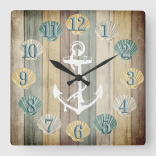 Horloge Carrée Plage Bois Rayures nautiques avec Carré Ancre Wa