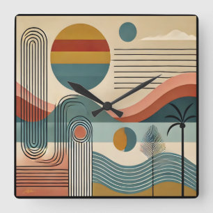 Horloge Carrée Plage d'art moderne du milieu du siècle Sunrise