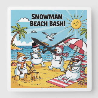 Horloge Carrée Plage de fous de bonhommes de neige