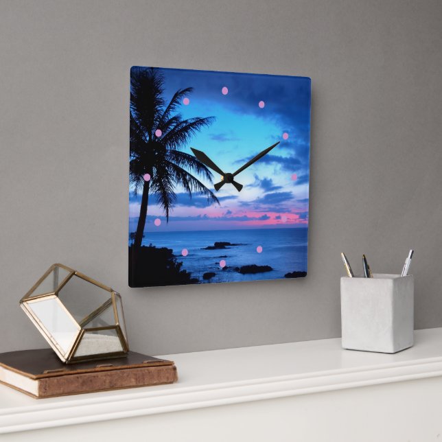Horloge Carrée Plage de l'île tropicale Océan bleu rose coucher d (Bureau)