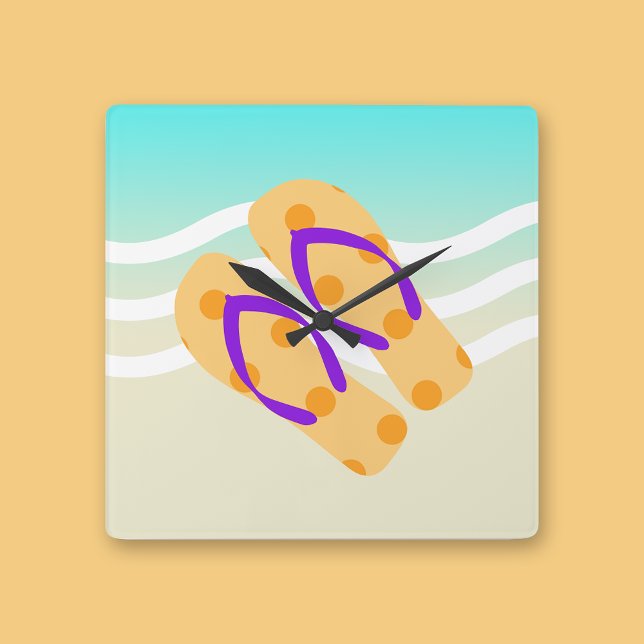 Horloge Carrée Plage D'Été Orange Et Bleu Vagues Flip Flops (Créateur téléchargé)