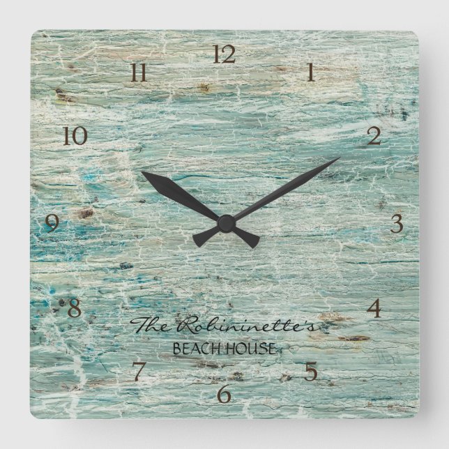 Horloge Carrée Plage House Bois Turquoise Bleu Côte côtière (Recto)