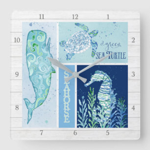 Horloge Carrée Plage moderne Ocean Turtle Seahorse
