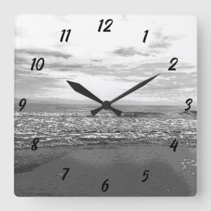 Horloge Carrée Plage Océan Mer Abstrait Noir Blanc Simple Paysage