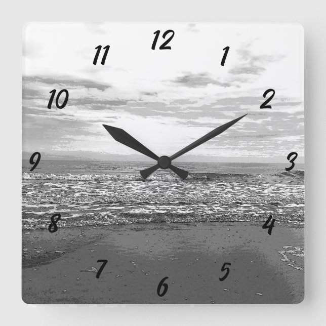 Horloge Carrée Plage Océan Mer Abstrait Noir Blanc Simple Scéniqu (Recto)