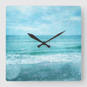 Horloge Carrée Plage Retro - Océan côtier Aquarelle bleu Turquois