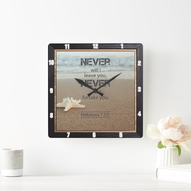 Horloge Carrée Plage Starfish Hébreux 13:5 (Maison)
