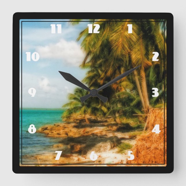 Horloge Carrée Plage tropicale de rêve (Recto)