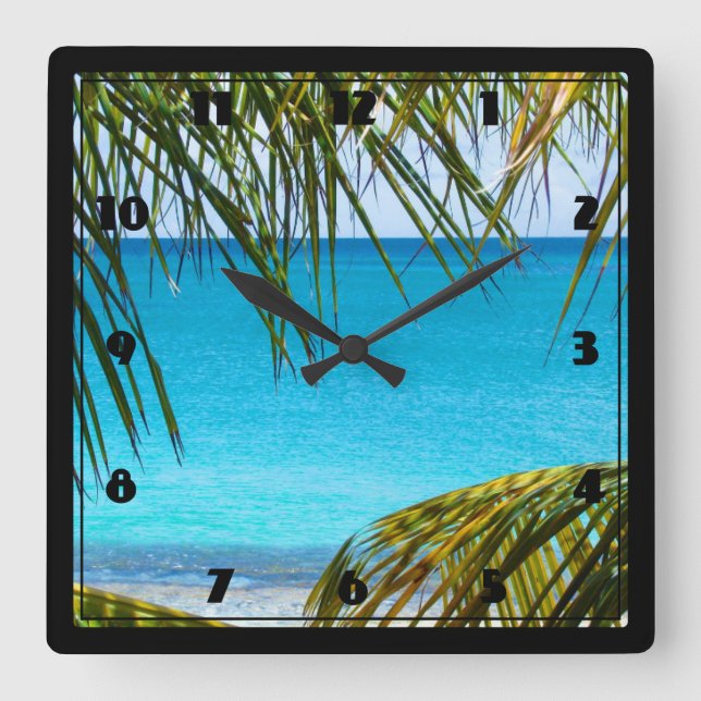 Horloge Carrée Plage tropicale encadrée de palmiers (Recto)