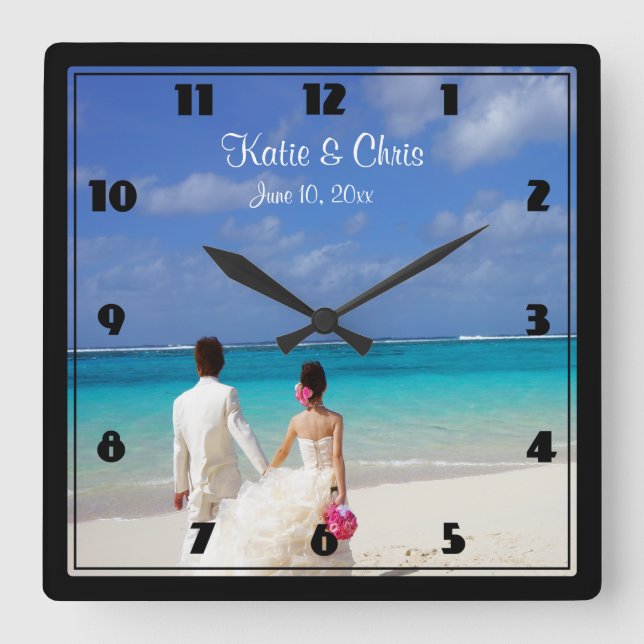 Horloge Carrée Plage tropicale Mariage à thème Couple (Recto)