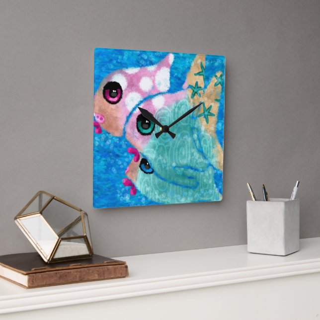 Horloge Carrée Plage Whimsical Abstrait Poisson Plage Nautique Tu (Bureau)
