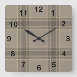 Horloge Carrée Plaid Tartan Beige Gris Maison de Campagne Rustiqu