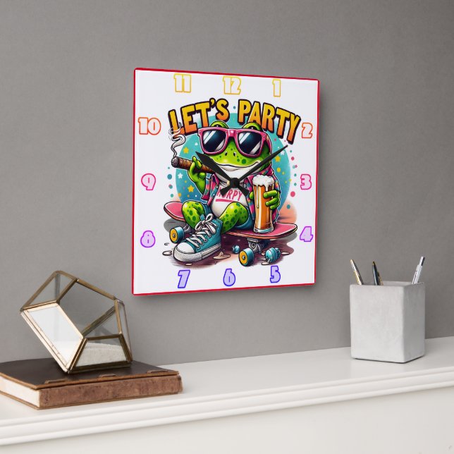 Horloge Carrée Plaisanterie de grenouille prêt à célébrer (Bureau)