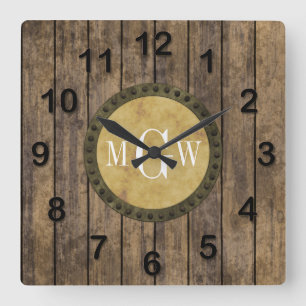Horloge Carrée Planches Aspect Bois Rustique #1 Steampunk 3 Monog