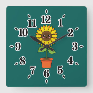 Horloge Carrée Plante de tournesol Kawaii dans un pot