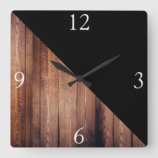 Horloge Carrée Plaques en bois et noir modernes (Recto)